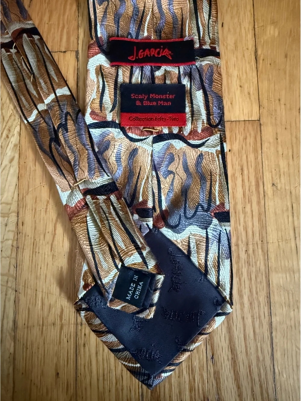 J Garcia Scaly Monster & Blue Man Silk Tie Abstract Art Brown Gray 3.25”
